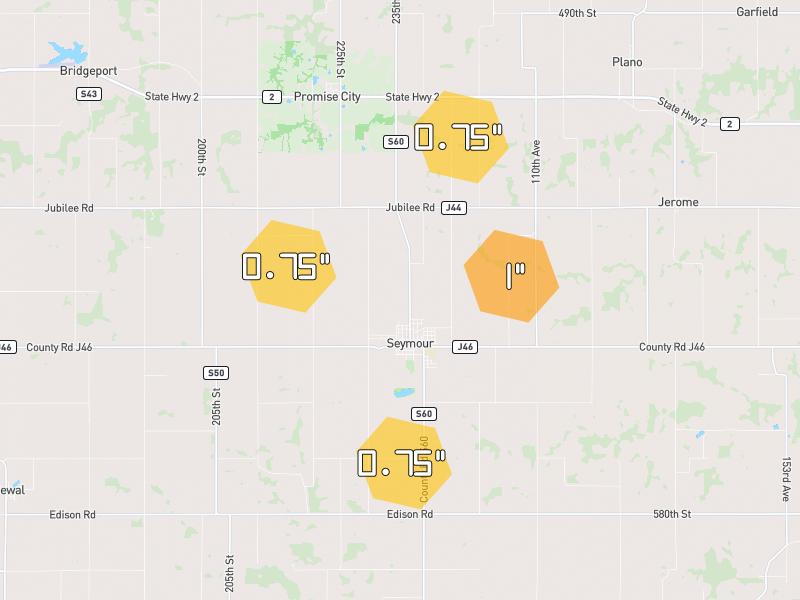 Hail map of Seymour, IA on Jun 6, 2026, hail up to 1"