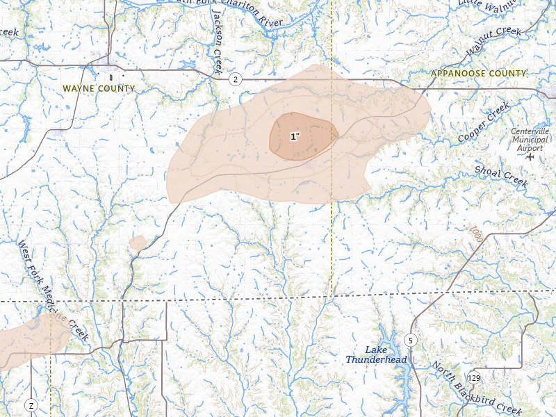 Radar-estimated hail-size map of the storm over Seymour, IA on Jul 3, 2026