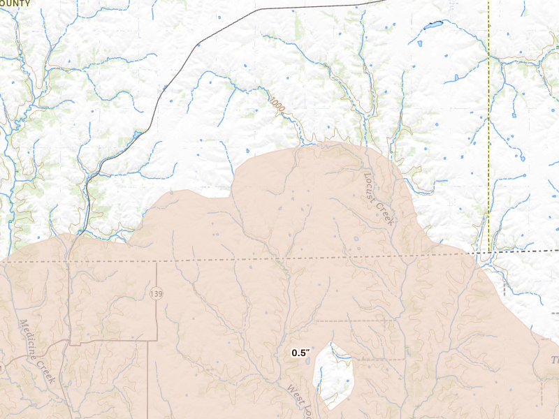 Radar-estimated hail-size map of the storm over Seymour, IA on Aug 4, 2026
