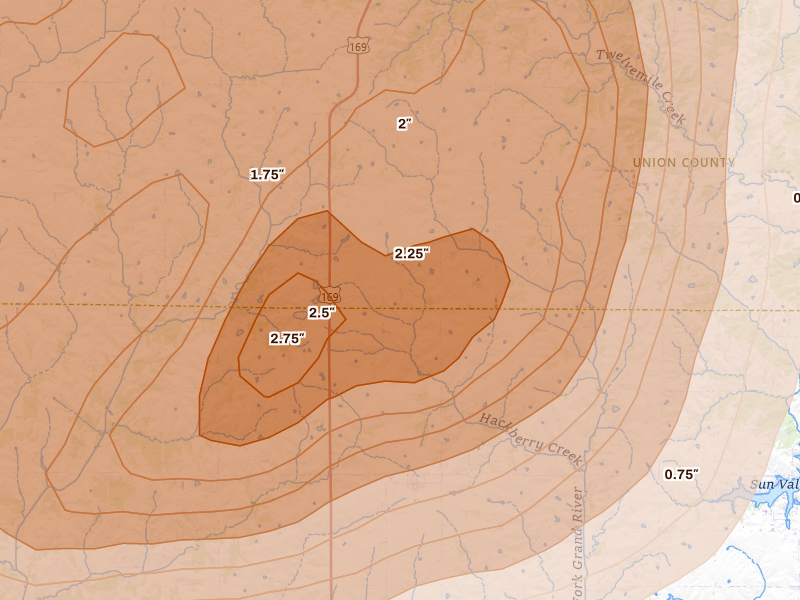 Radar-estimated hail-size map of the storm over Shannon City, IA on Jun 10, 2026