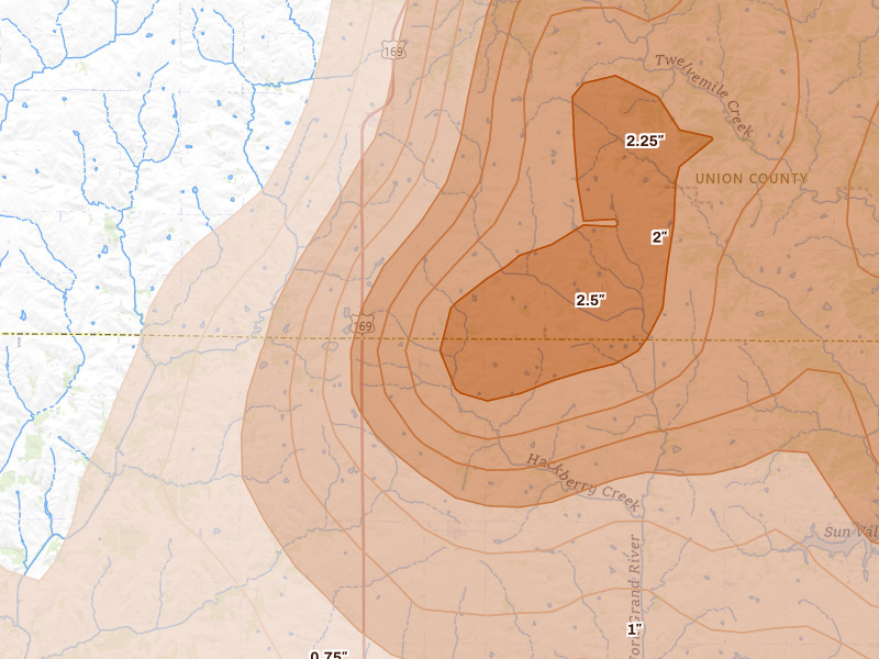 Radar-estimated hail-size map of the storm over Shannon City, IA on Jun 11, 2026