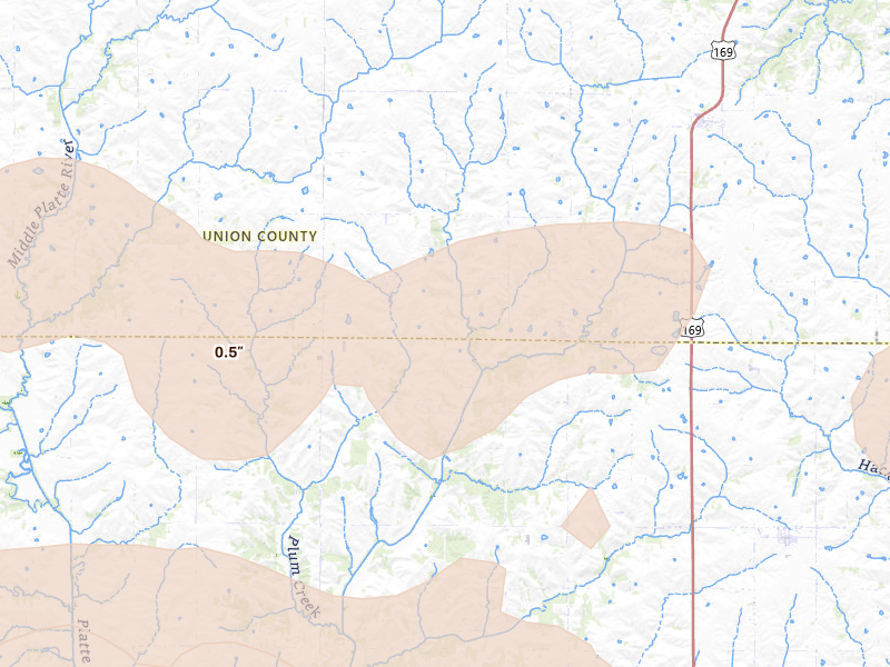 Radar-estimated hail-size map of the storm over Shannon City, IA on Aug 4, 2026