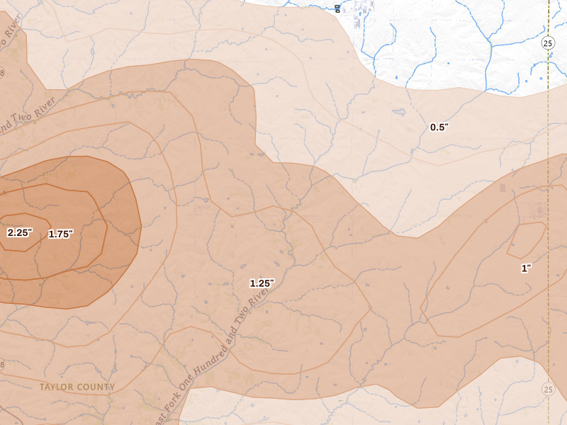 Radar-estimated hail-size map of the storm over Sharpsburg, IA on May 16, 2026