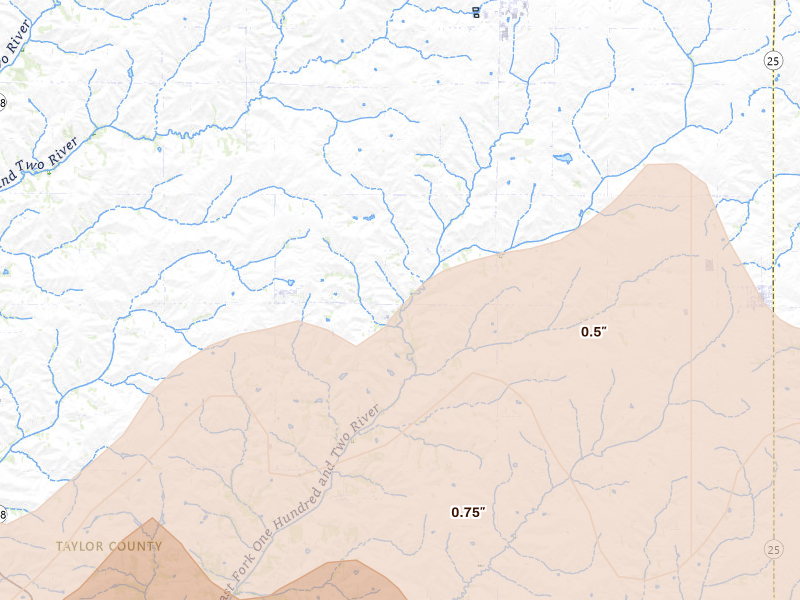 Radar-estimated hail-size map of the storm over Sharpsburg, IA on May 18, 2026