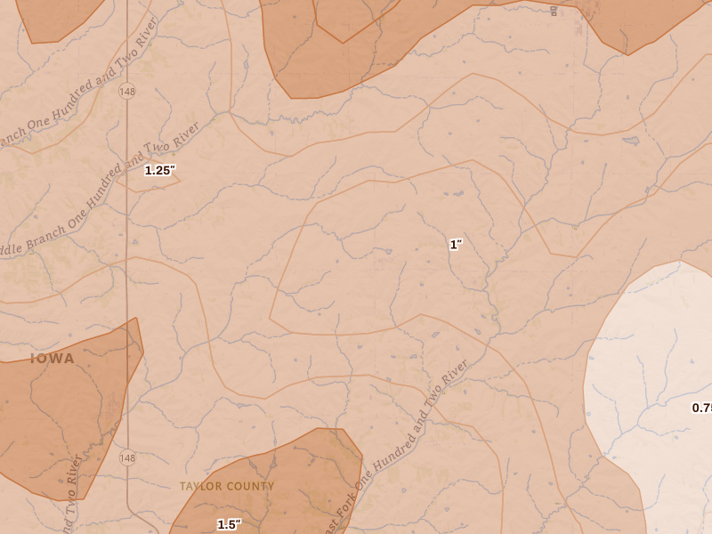 Radar-estimated hail-size map of the storm over Sharpsburg, IA on Jun 10, 2026