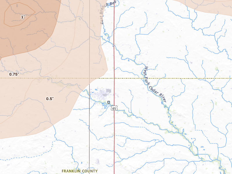 Radar-estimated hail-size map of the storm over Sheffield, IA on May 15, 2026