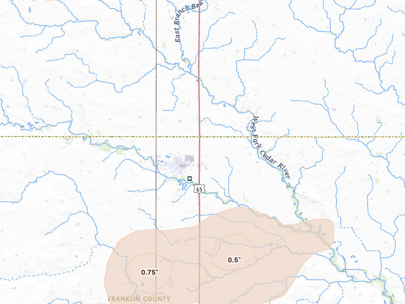 Radar-estimated hail-size map of the storm over Sheffield, IA on Jul 8, 2026