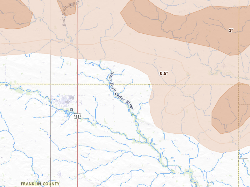 Radar-estimated hail-size map of the storm over Sheffield, IA on Aug 7, 2026