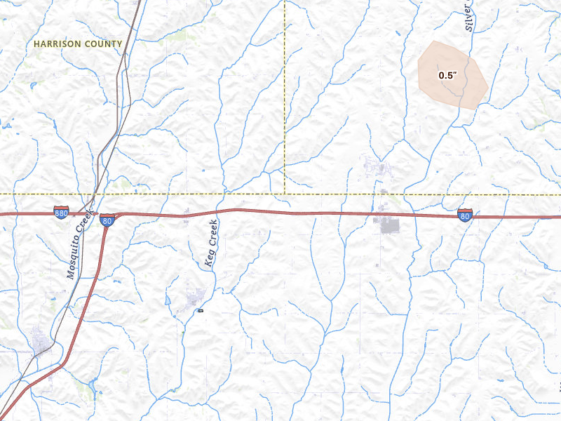 Radar-estimated hail-size map of the storm over Shelby, IA on Jul 4, 2026
