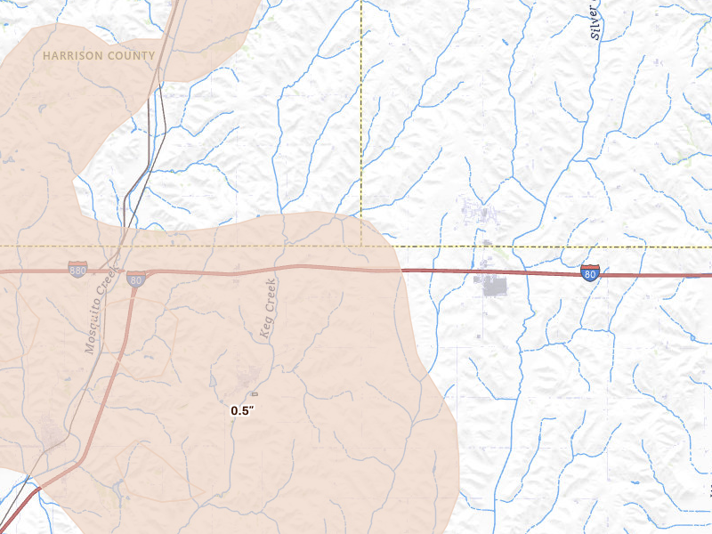 Radar-estimated hail-size map of the storm over Shelby, IA on Jul 8, 2026
