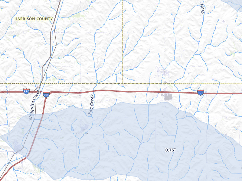 NEXRAD radar-signature map of the hail storm over Shelby, IA on Aug 8, 2026