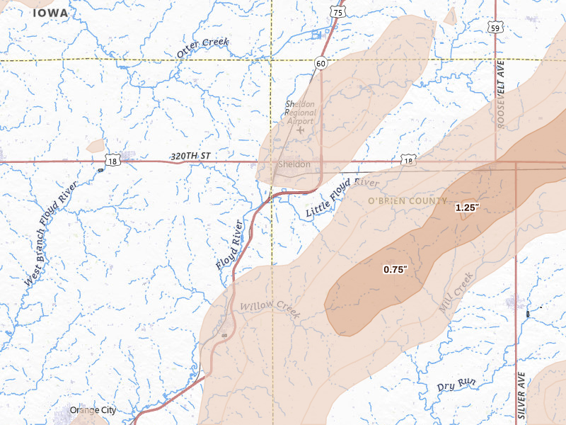 Radar-estimated hail-size map of the storm over Sheldon, IA on May 17, 2026