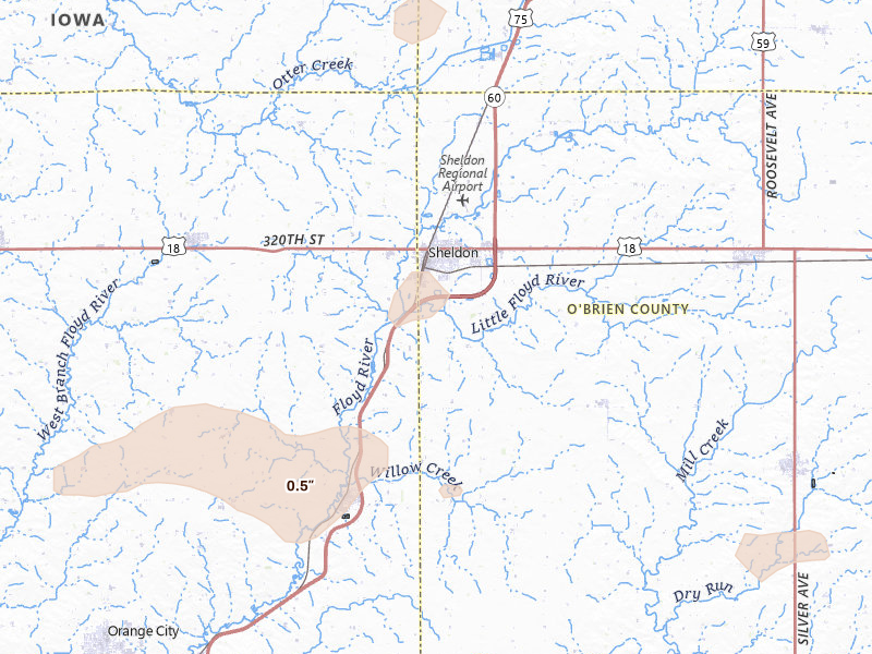 Radar-estimated hail-size map of the storm over Sheldon, IA on May 31, 2026