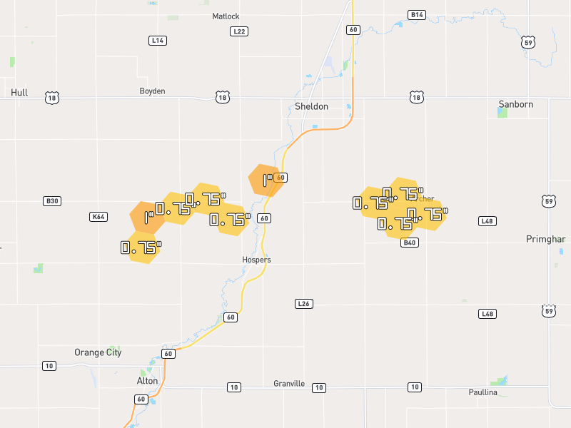 Hail map of Sheldon, IA on Jun 1, 2026, hail up to 1"