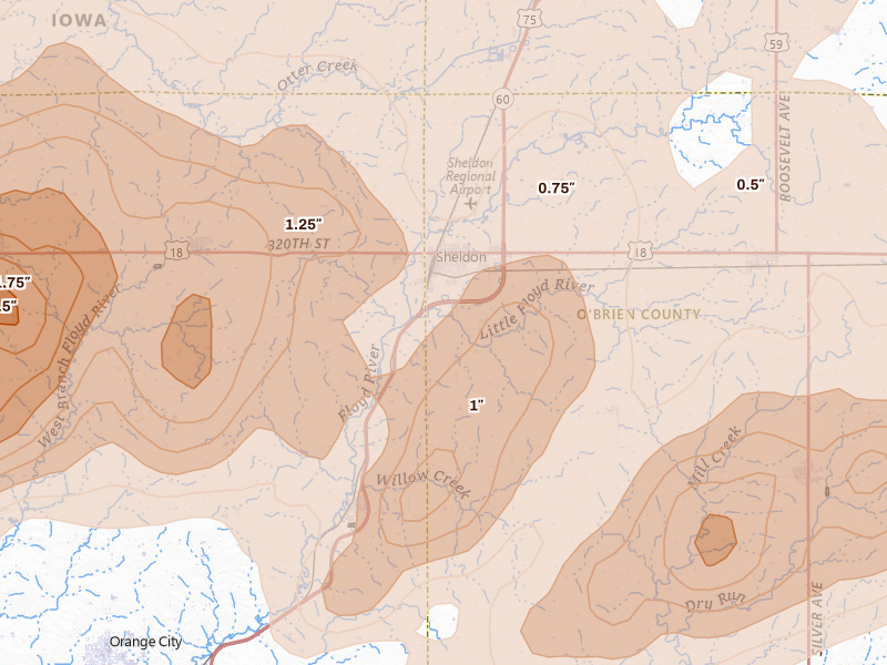 Radar-estimated hail-size map of the storm over Sheldon, IA on Jun 27, 2026
