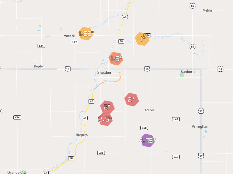 Hail map of Sheldon, IA on Jun 28, 2026, hail up to 2.75"