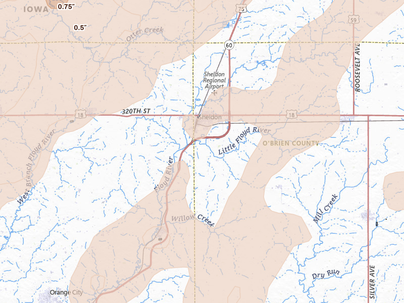 Radar-estimated hail-size map of the storm over Sheldon, IA on Jun 29, 2026