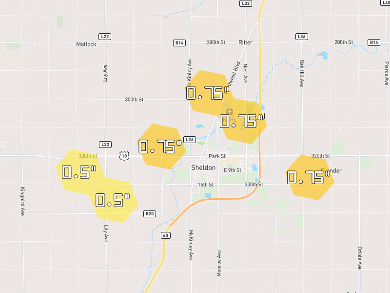 Hail map of Sheldon, IA on Jun 30, 2026, hail up to 1.25"