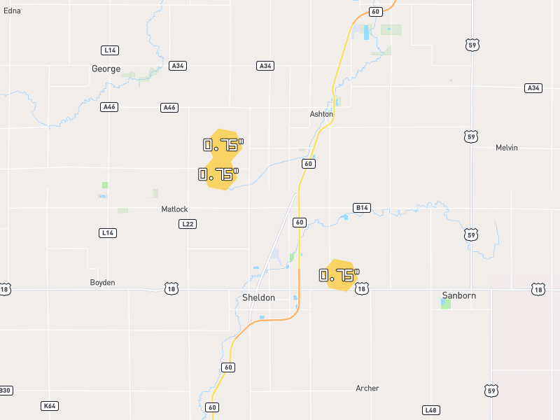 Hail map of Sheldon, IA on Jul 1, 2026, hail up to 0.75"
