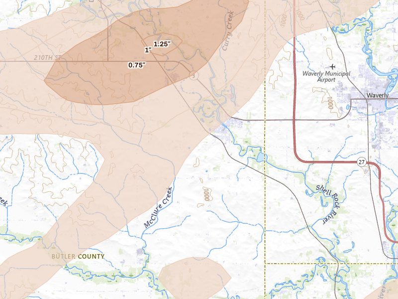 Radar-estimated hail-size map of the storm over Shell Rock, IA
