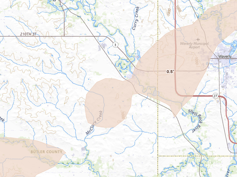 Radar-estimated hail-size map of the storm over Shell Rock, IA on Apr 17, 2026