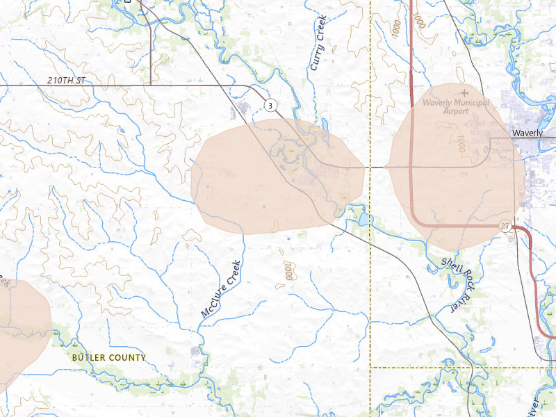 Radar-estimated hail-size map of the storm over Shell Rock, IA on May 15, 2026