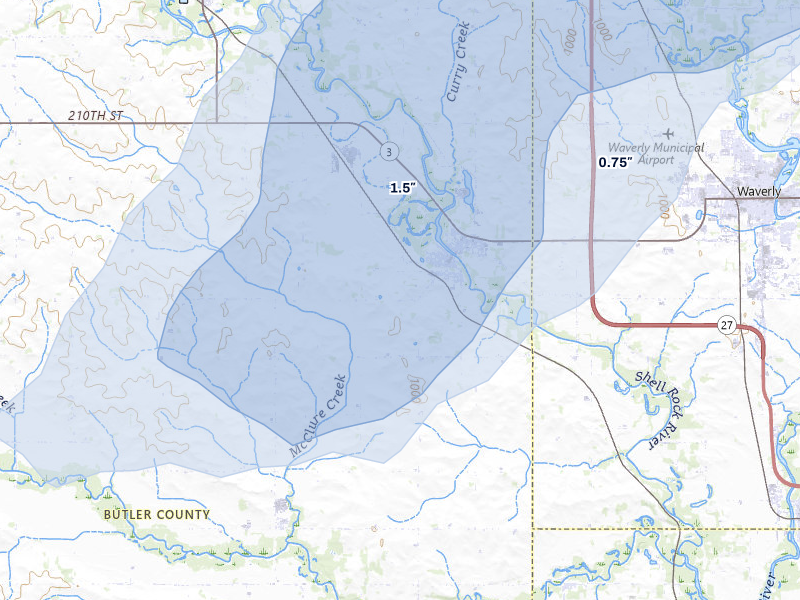NEXRAD radar-signature map of the hail over Shell Rock, IA