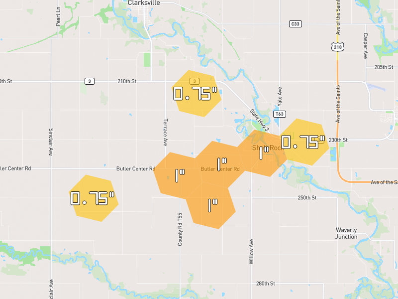 Hail map of Shell Rock, IA on Jul 2, 2026, hail up to 1"