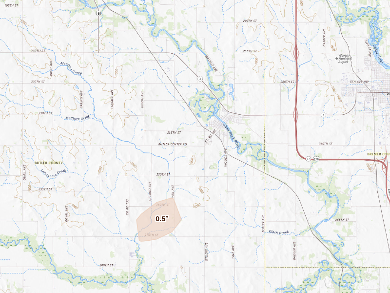 Radar-estimated hail-size map of the storm over Shell Rock, IA