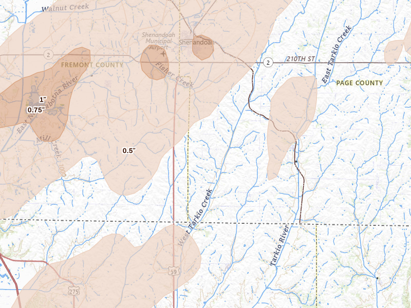 Radar-estimated hail-size map of the storm over Shenandoah, IA on Apr 23, 2026