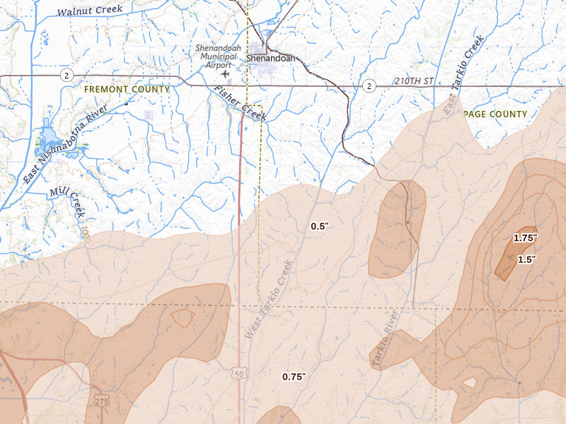 Radar-estimated hail-size map of the storm over Shenandoah, IA on May 18, 2026