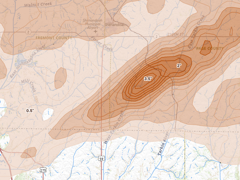 Radar-estimated hail-size map of the storm over Shenandoah, IA on Jun 10, 2026