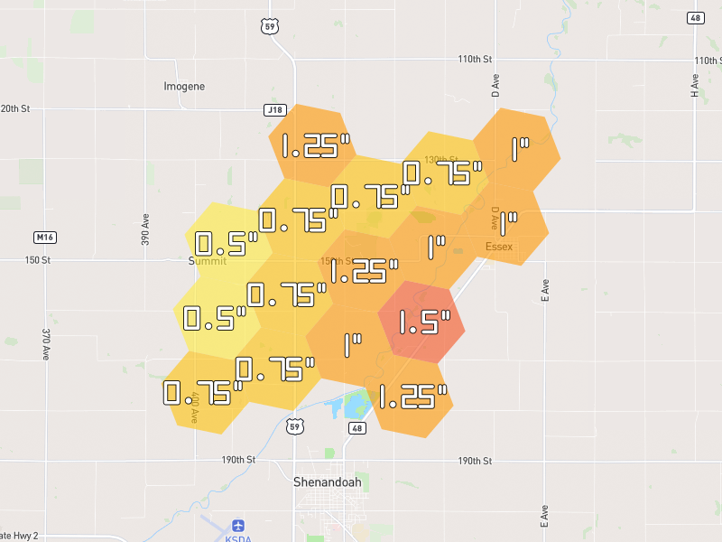Hail map of Shenandoah, IA on Jul 1, 2026, hail up to 1.5"