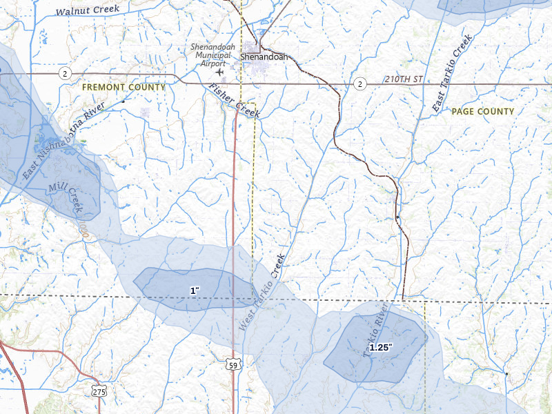 NEXRAD radar-signature map of the hail storm over Shenandoah, IA on Jul 3, 2026