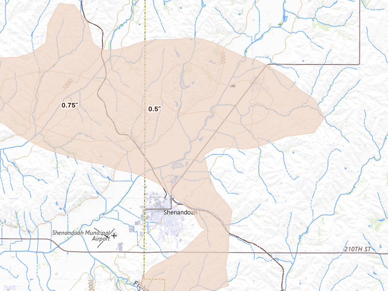 Radar-estimated hail-size map of the storm over Shenandoah, IA on Aug 8, 2026