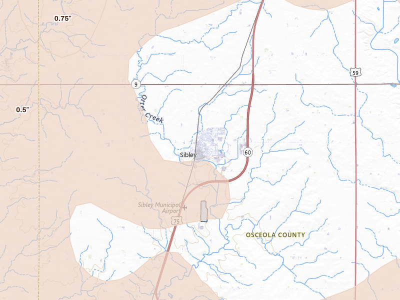 Radar-estimated hail-size map of the storm over Sibley, IA on Jun 27, 2026
