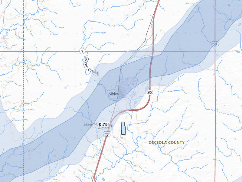 NEXRAD radar-signature map of the hail storm over Sibley, IA on Jun 29, 2026