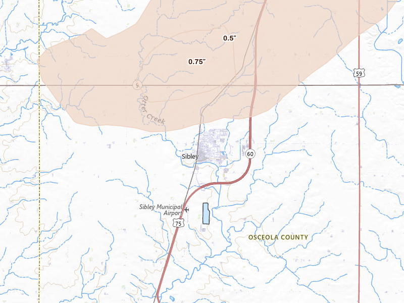 Radar-estimated hail-size map of the storm over Sibley, IA on Jul 1, 2026