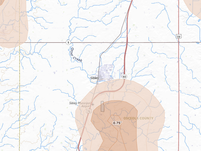 Radar-estimated hail-size map of the storm over Sibley, IA on Jul 4, 2026