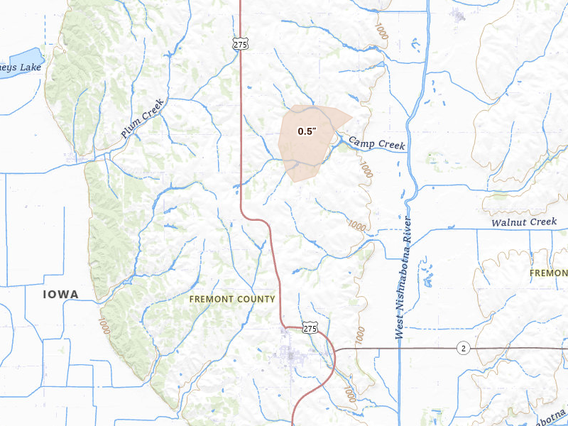 Radar-estimated hail-size map of the storm over Sidney, IA on Mar 5, 2026