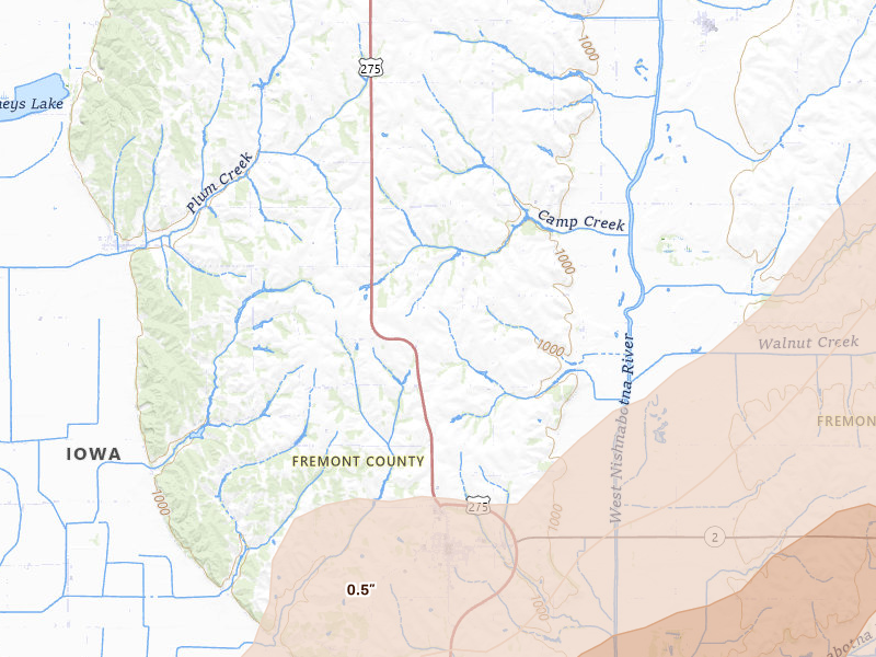Radar-estimated hail-size map of the storm over Sidney, IA on Apr 23, 2026