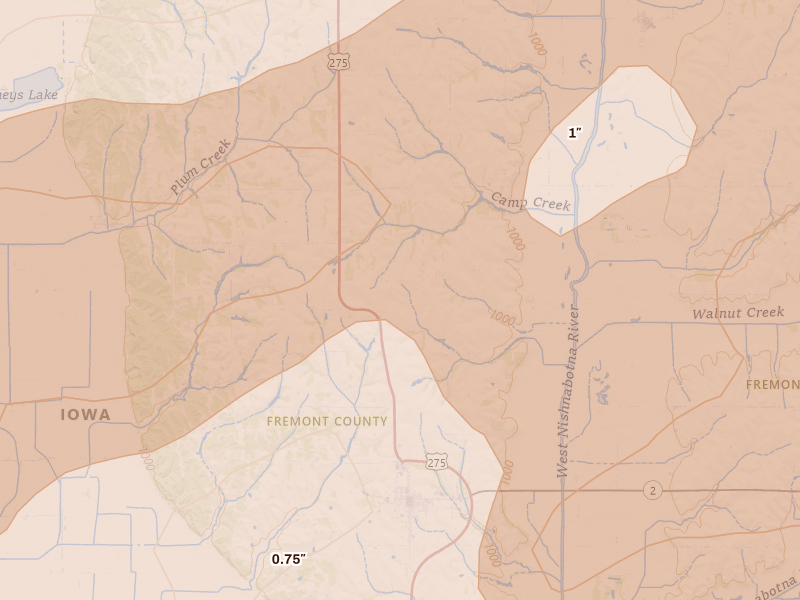 Radar-estimated hail-size map of the storm over Sidney, IA on Jun 10, 2026
