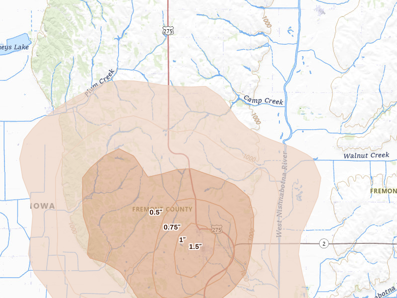 Radar-estimated hail-size map of the storm over Sidney, IA on Jul 3, 2026