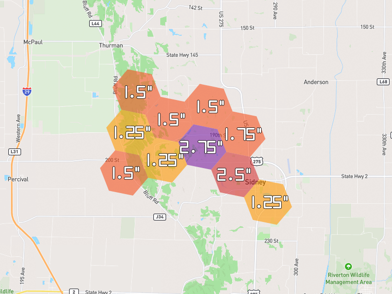 Hail map of Sidney, IA on Jul 4, 2026, hail up to 2.75"