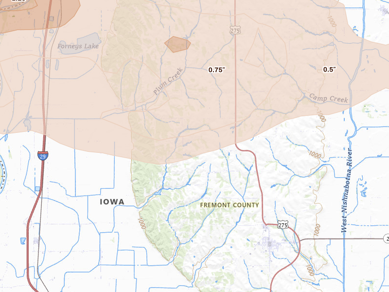 Radar-estimated hail-size map of the storm over Sidney, IA on Aug 4, 2026