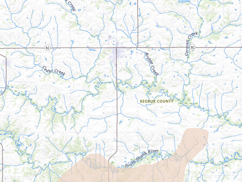 Radar-estimated hail-size map of the storm over Sigourney, IA on Apr 17, 2026