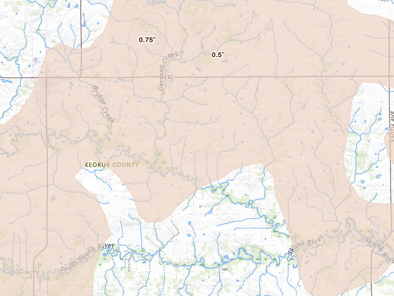 Radar-estimated hail-size map of the storm over Sigourney, IA on Jun 11, 2026