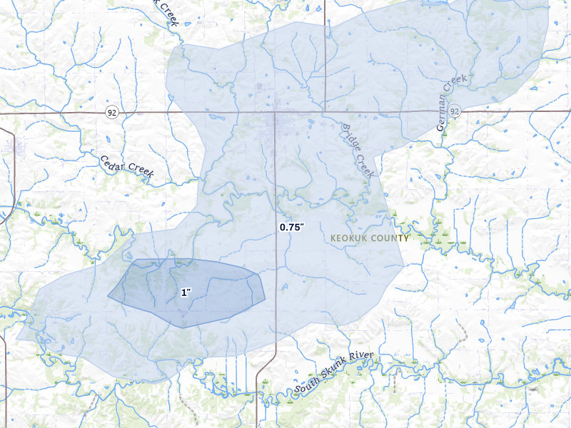 NEXRAD radar-signature map of the hail storm over Sigourney, IA on Jul 3, 2026