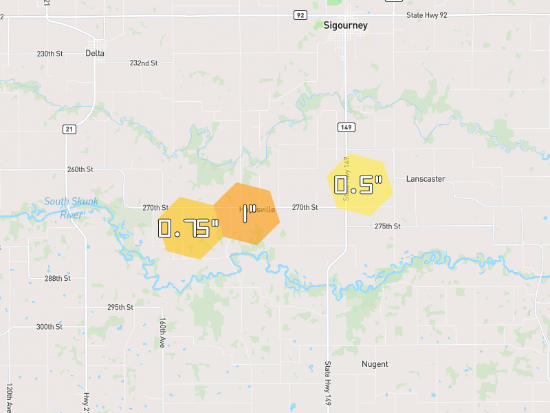 Hail map of Sigourney, IA on Jul 3, 2026, hail up to 1"