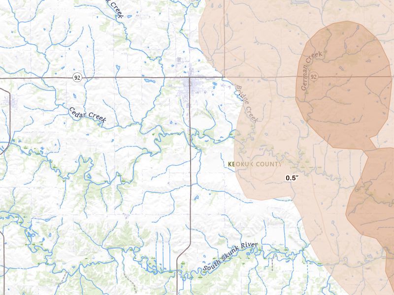 Radar-estimated hail-size map of the storm over Sigourney, IA on Jul 20, 2026